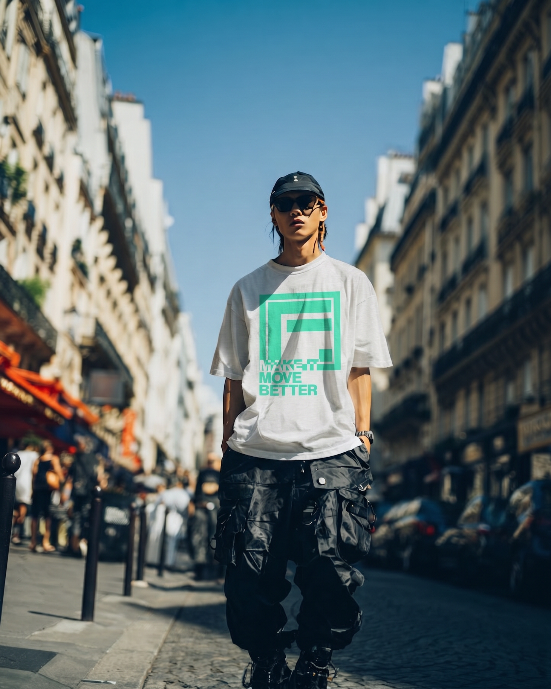 Mockup t-shirt FLODE porté dans Paris
